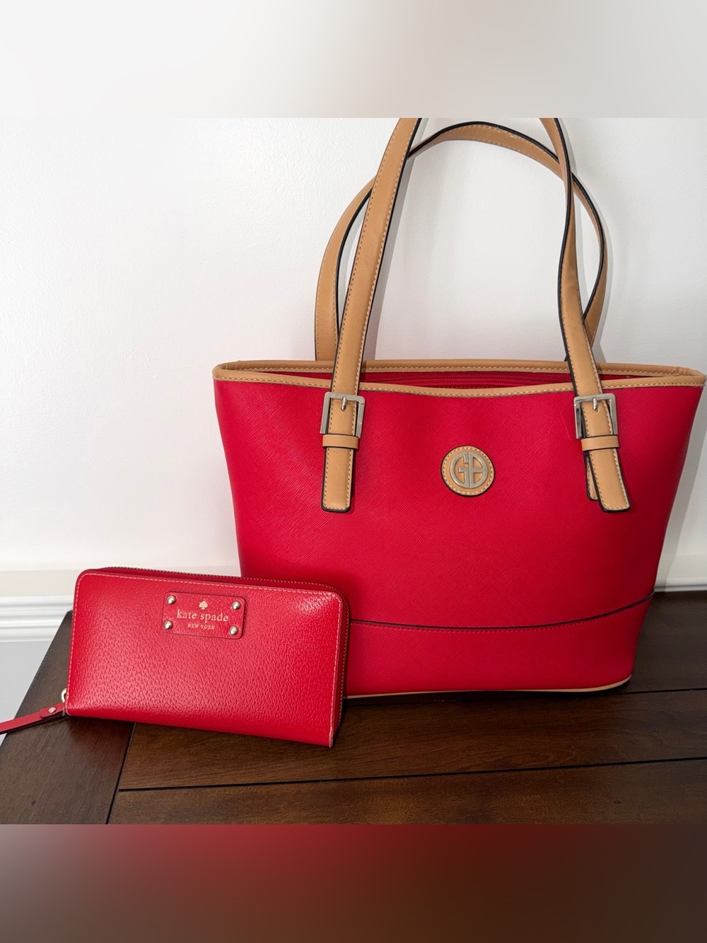 Giani Bernini Faux Leather Tote Bag Purse + Kate Spade New York Zip Wallet Red